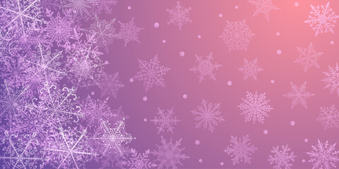 Christmas background of beautiful complex snowflakes in purple colors. Winter illustration with falling snow