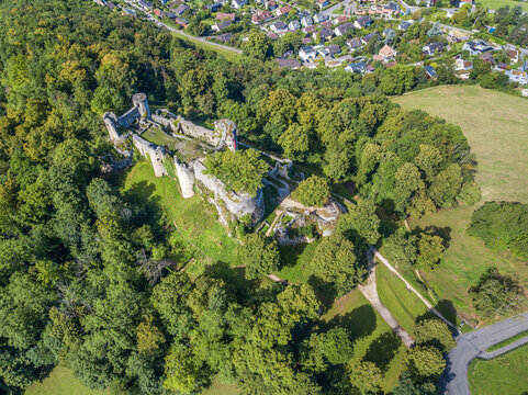 Aerial view of the Dorneck Castle ruins in Dornach town, Canton Solothum near Basel, Switzerland
