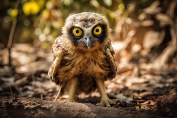 Obraz premium A newborn owl in its natural surroundings. gigantic yellow eye. The owl hooting in the woods. Generative AI