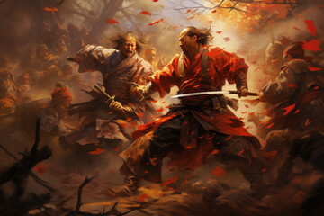 Realism History: Samurai Battle Scene in Intense Combat. Generative AI