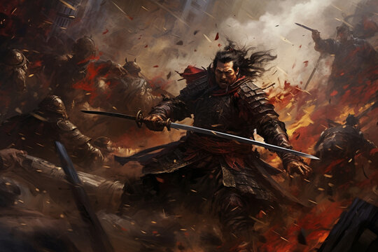 Realism History: Samurai Battle Scene in Intense Combat. Generative AI