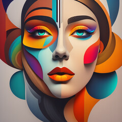 Abstract artwork that uses colorful overlapping shapes to create a portrait of a beautiful female. The look should be inspired by the unique painting styles . AI Generative