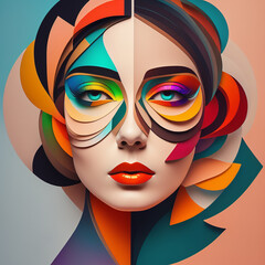 Abstract artwork that uses colorful overlapping shapes to create a portrait of a beautiful female. The look should be inspired by the unique painting styles . AI Generative