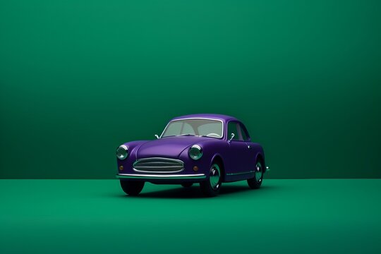 a studio photo of a vintage car on a solid color background, green and purple violet colors, negative space for text