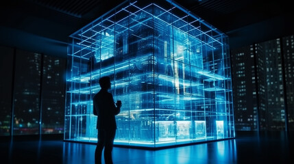 businessman with design modern building blue hologram
