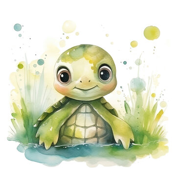 A heartwarming scene featuring a watercolor baby turtle nestled on a vibrant bed of tropical flowers, the turtle's shell displaying intricate patterns and soft hues, sunlight filtering, Generative Ai