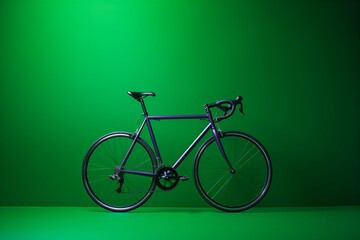 a studio photo of a bicycle on a solid color background, green and purple violet colors, negative space for text