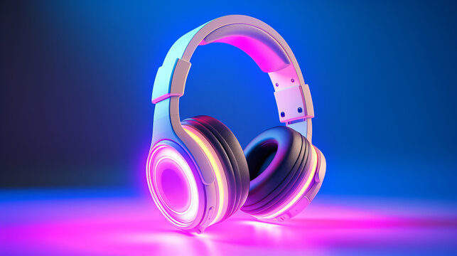 A Studio Photo Of On-ear Headphones On A Solid Color Background, Neon Lighting, Negative Space For Text