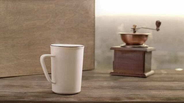 White ceramic coffee cup with threshing machine on background. Start of the day with a big cup of coffee, caffeine addiction