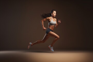 a strong sporty caucasian female athlete runner in shorts and sport top posing in a studio, beige...