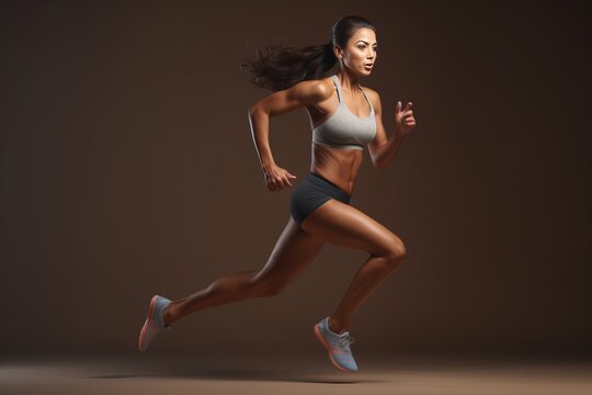 a strong sporty caucasian female athlete runner in shorts and sport top posing in a studio, beige background