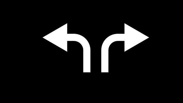Road traffic signal turn left and right arrow icon. traffic control road sign curve arrow animated on black background. k1_186