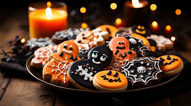Delicious and spooky Halloween cookie plate image decorated with different shapes and colors. The cookies are shaped like pumpkins, ghosts, bats, spiders and skulls. Halloween celebration.