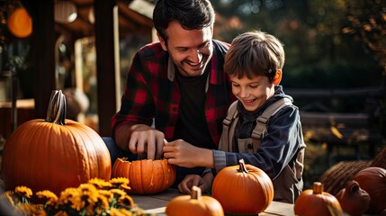 Fictional father and son are preparing for halloween celebration and are going to carve pumpkins to decorate the house. Halloween. Holiday.