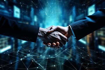 Two human hands shaking as if making a buying deal, with blue and orange digital cyber overlay, black background. Collaboration of robotics and AI with human society