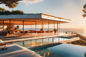 Modern luxury villa at sunset Private house with infinity pool