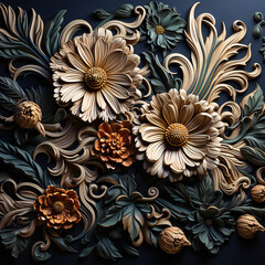 Baroque architectural ornament, antique era, wood carving, design template
