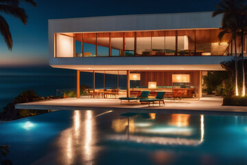 Fototapeta premium Modern luxury villa at sunset Private house with infinity pool