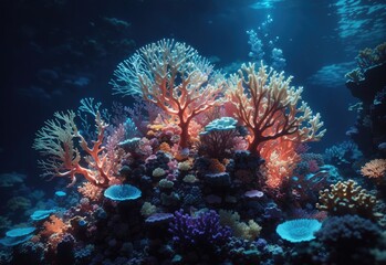 Naklejka na ściany i meble Underwater bioluminescence coral and reef at night