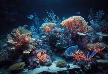 Fototapeta na wymiar Underwater bioluminescence coral and reef at night
