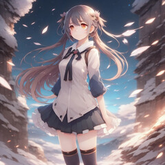 A cute anime girl with long hair and a skirt with a bow on her head . AI Generative
