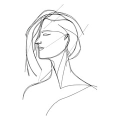 One line female look, mysterious elegant portrait, sketch style.Vector line art illustration