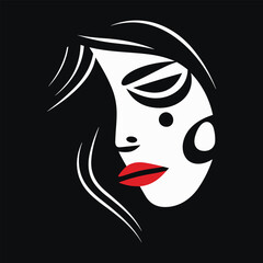 Female portrait, mysterious elegant look, sketch style, inspired by Picasso art. Vector line art illustration on black background