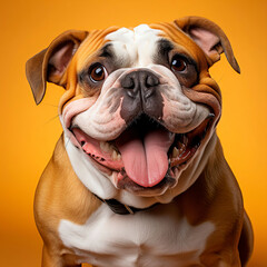 Aesthetic portrait of an English Bulldog on orange, highlighting the breed's distinct muzzle and undeniable charm.