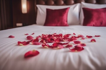 Rose on the bed in the hotel rooms, AI