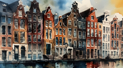 Naklejka premium Whispers of Amsterdam: A Watercolor Painting of Tranquil Canal Scene, Showcasing the Charming Architecture, Captured Through Generative AI