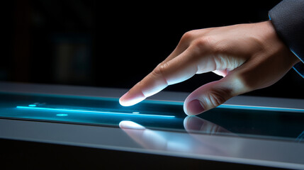 A hand pressing a button on a touchscreen interface.  - obrazy, fototapety, plakaty