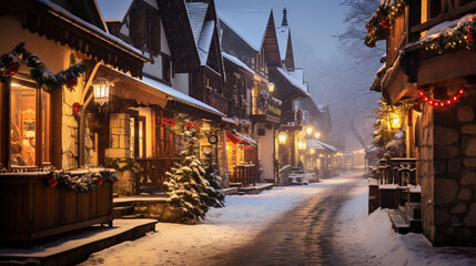 Experience the joy of a winter getaway as you explore charming snow-draped villages, capturing the essence of the season's charm  - obrazy, fototapety, plakaty