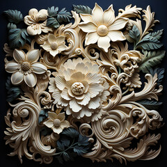 Baroque architectural ornament, antique era, wood carving, design template
