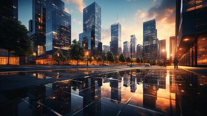 modern city with empty road and skyscrapers in the evening