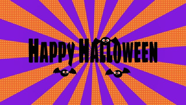 Happy Halloween animated black wiggle text with three bats flying in a cartoon pop art sunburst style pulsating vignette background. Happy Halloween animation in retro design with halftone pattern