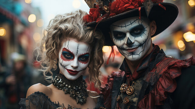 Student friedns dressed up in Halloween costume. Girl and boy in Halloween makeup. Street portrait of Halloween parade participants. Generated Ai