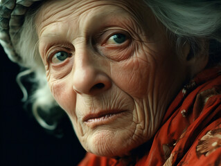 Captivating portrait of a stunning elderly woman with white hair and mesmerizing blue eyes. Generative AI.