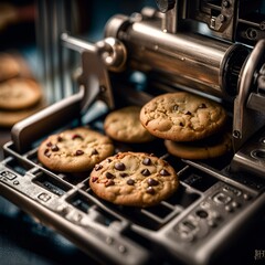 Steampunk cookies printing machine is printing chocolate chip cookies on a baking machine. Selective focus, toned, created with AI generative tools