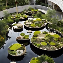 render of an artificial garden with a pond and several pods of plants, modern architecture, modern design, eco-friendly concept, created with AI generative tools