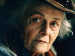 Captivating portrait of a stunning elderly woman with white hair and mesmerizing blue eyes. Generative AI.