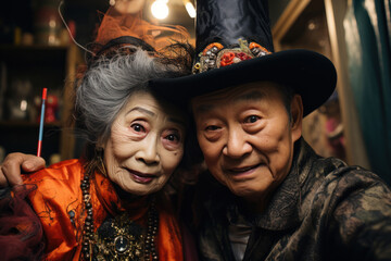 Obraz premium Biracial Senior couple dressed up in Halloween costume. A man and woman went to a Halloween party in spooky creations and make up. Dia de Muertos. Celebration of Mexico's Day of the Dead. Generated Ai