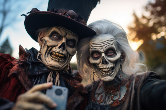 Biracial Senior couple dressed up in Halloween costume. A man and woman went to a Halloween party in spooky creations and make up. Dia de Muertos. Celebration of Mexico's Day of the Dead. Generated Ai