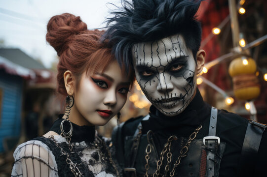 Biracial Students dressed up in costume. Girl and boy in Halloween makeup. Street portrait of Halloween parade participants. Dia de Muertos. Celebration of Mexico's Day of the Dead. Generated Ai