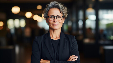 Fototapeta premium Happy middle aged business woman ceo standing in office arms crossed.