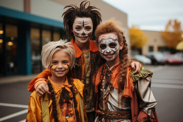Fototapeta premium A group of kids of different nationalities of elementary school age at a Halloween party at school. Wide angle shot of kids in spooky disguises and makeup. Generated Ai