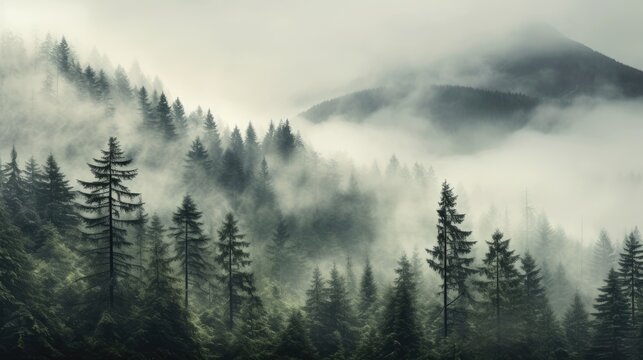 Foggy forest with pine trees and mountains in the background.