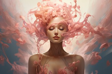 Woman with pink hair, closed eyes, and smoke swirling around her head.