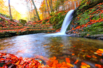 scenic waterfall in Carpathian mountains, Ukraine, Europe, awesome autumn landscape - obrazy, fototapety, plakaty