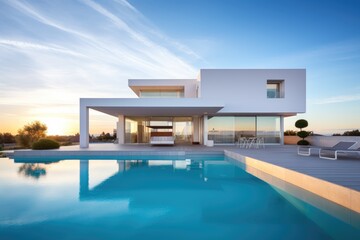 Fototapeta premium Modern white house with swimming pool at sunset.