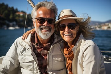 Couple in love sitting on yacht deck while sailing in the sea. Handsome man and beautiful woman having romantic date. Luxury travel concept.